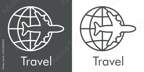 Logotipo con texto Travel y silueta de avión en globo terráqueo con lineas en fondo gris y fondo blanco