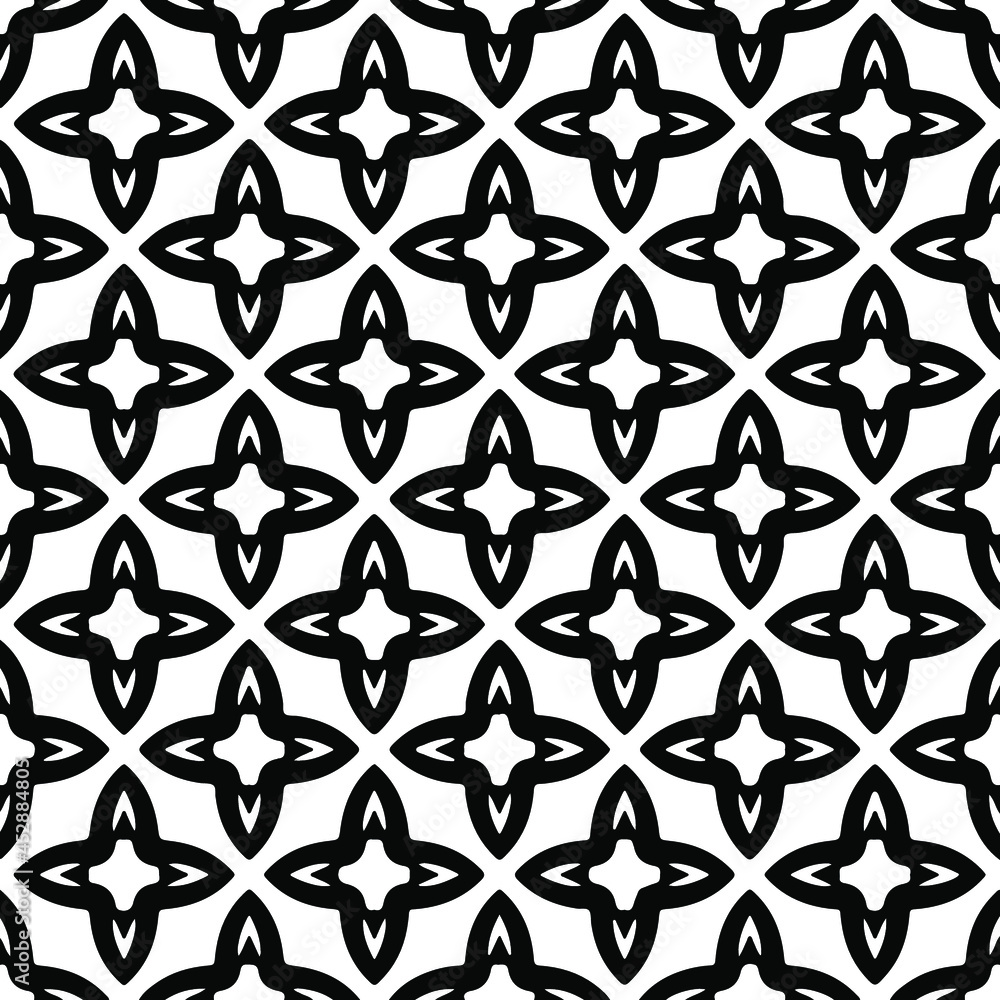 Flower geometric pattern. Seamless vector background. White and black ornament. Ornament for fabric, wallpaper, packaging. Decorative print Flower geometric pattern. Seamless vector background. White and black ornament. Ornament for fabric, wallpaper, packaging. Decorative print