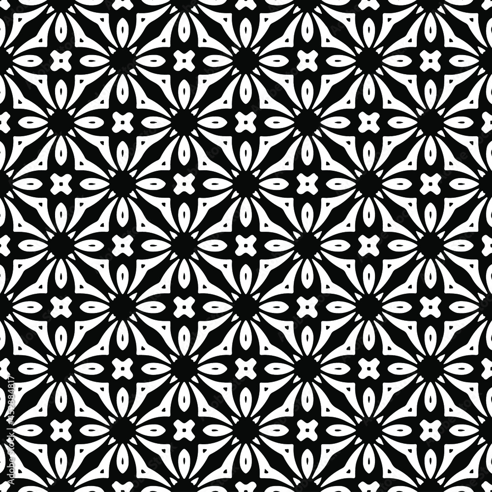 Flower geometric pattern. Seamless vector background. White and black ornament. Ornament for fabric, wallpaper, packaging. Decorative print Flower geometric pattern. Seamless vector background. White and black ornament. Ornament for fabric, wallpaper, packaging. Decorative print