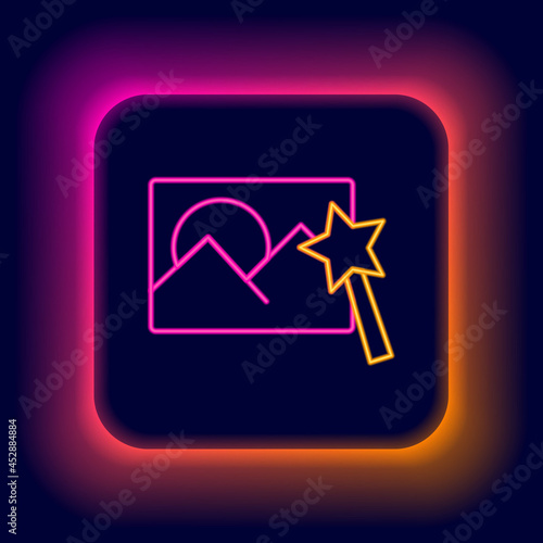 Glowing neon line Photo retouching icon isolated on black background. Photographer, photography, retouch icon. Colorful outline concept. Vector