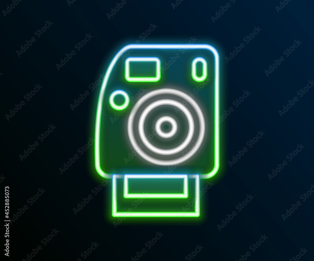 Glowing neon line Photo camera icon isolated on black background. Foto camera. Digital photography. Colorful outline concept. Vector Glowing neon line Photo camera icon isolated on black background. Foto camera. Digital photography. Colorful outline concept. Vector
