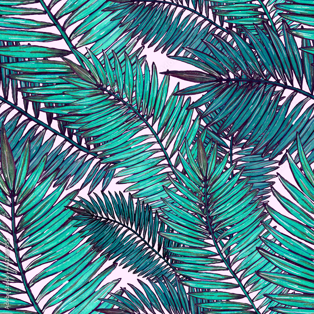 Fototapeta Watercolor seamless pattern with tropical leaves. Beautiful allover print with hand drawn exotic plants. Swimwear botanical design.