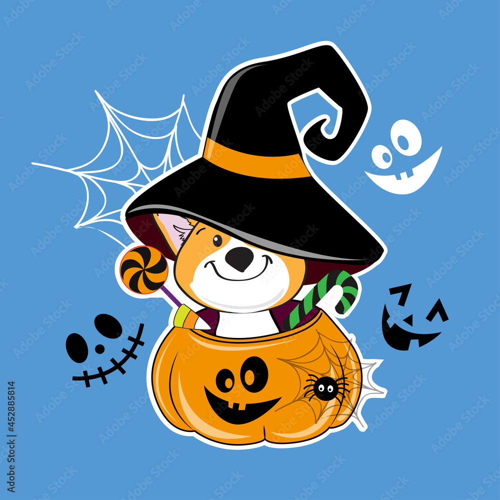 Halloween card with corgi dog wearing a witch hat and sitting in a pumpkin. Vector cartoon illustration. Halloween party