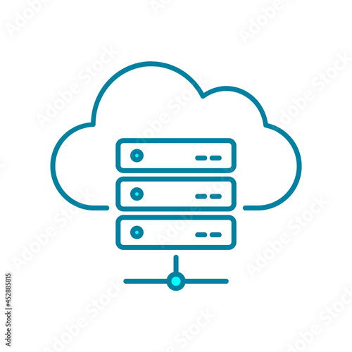 Server rack and cloud line icon. Cloud hosting services. Server database organization. Cloud storage network. Edge computing system. Internet provider services. Vector illustration, flat, clip art.