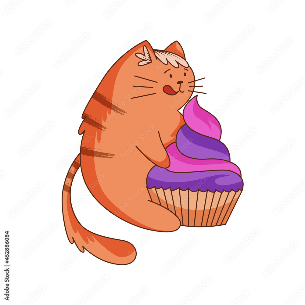 Cute Ginger Cat Character with Striped Tail Embracing Cupcake Vector