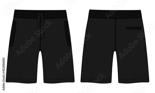 Overall Technical sketch shorts pants design template. Fashion vector art illustration isolated on white background. Cotton jersey pant dress design Black mock up.