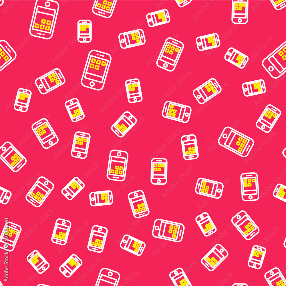 Line Smartphone, mobile phone icon isolated seamless pattern on red background. Vector Line Smartphone, mobile phone icon isolated seamless pattern on red background. Vector