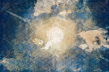 Bright sun in the blue sky. Sunbeams among the clouds.  Digital