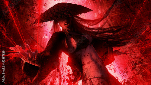 Tableau sur toile A sinister vampire woman in a straw hat is standing in the middle of the temple in a sinister pose, blood splashes are flying around, she is a sexy witch holding red threads in her crooked fingers