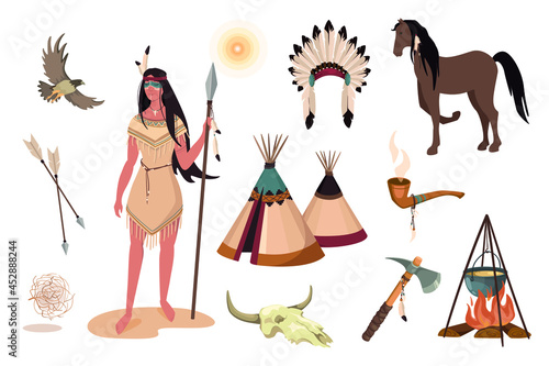 Wild West design elements set. Collection of indian woman in traditional dress, buffalo skull, tomahawk, pipe, wigwam, feather headdress. Vector illustration isolated objects in flat cartoon style