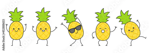 Set pineapple character cartoon dancing funny fruit smiling face happy emotions icon logo vector illustration.