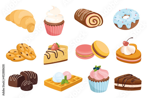 Desserts and sweets design elements set. Collection of croissant, muffin, roll, donut, cookies, cake, pie, waffles and more confectionery. Vector illustration isolated objects in flat cartoon style