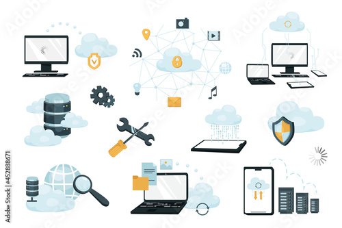 Cloud storage design elements set. Collection of data transfer, computing, internet protection, networking, server racks, data center. Vector illustration isolated objects in flat cartoon style