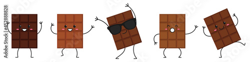 Chocolate bar set beautiful character cartoon smiling face happy sweet emotions  dark milky dance moves delicious dessert vector illustration.