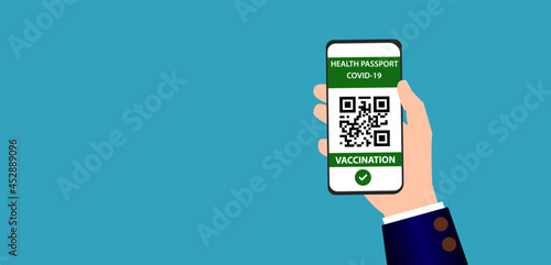 Health passport on the screen of the smartphone. On the screen of the smartphone, it shows immunity to the vaccine. corona virus vaccination concept. Vaccination passport application for safe journeys