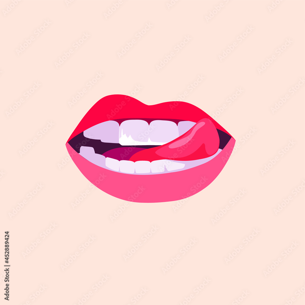 A hand-drawn drawing. Illustration of female lips. The mouth of a girl with a mouth painted with red lipstick. . A mascot for Valentine's Day. Women's beautiful print or postcar A hand-drawn drawing. Illustration of female lips. The mouth of a girl with a mouth painted with red lipstick. . A mascot for Valentine's Day. Women's beautiful print or postcar