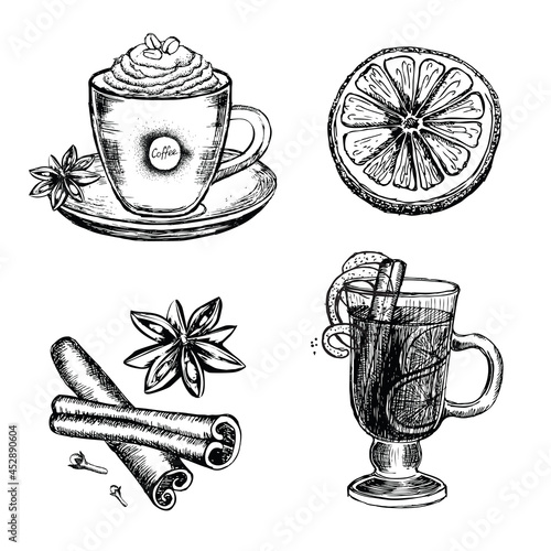 Mulled wine and coffee set. Hand drawn illustration. Vector.	