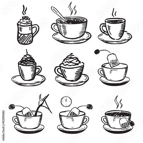 Cup coffee hand-drawn style. Steps how to brew tea. Vector illustration isolated on white background.	