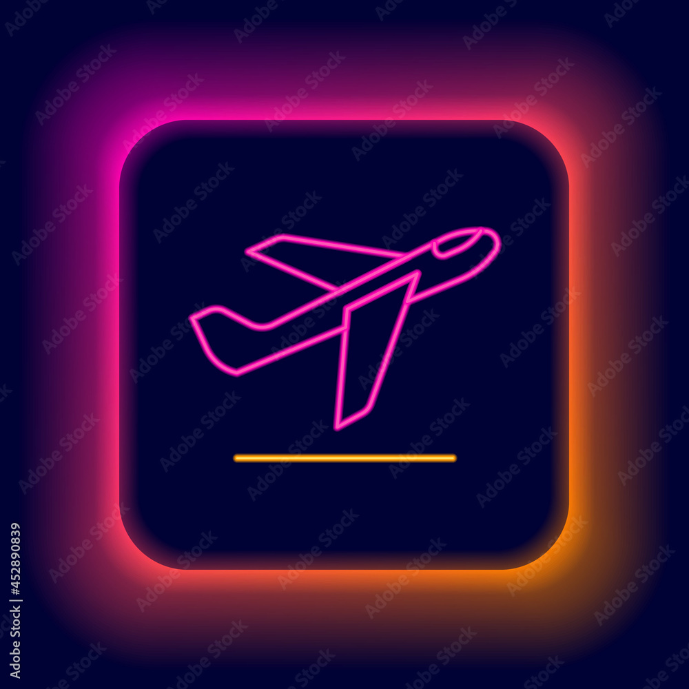 Glowing neon line Plane takeoff icon isolated on black background. Airplane transport symbol. Colorful outline concept. Vector Glowing neon line Plane takeoff icon isolated on black background. Airplane transport symbol. Colorful outline concept. Vector