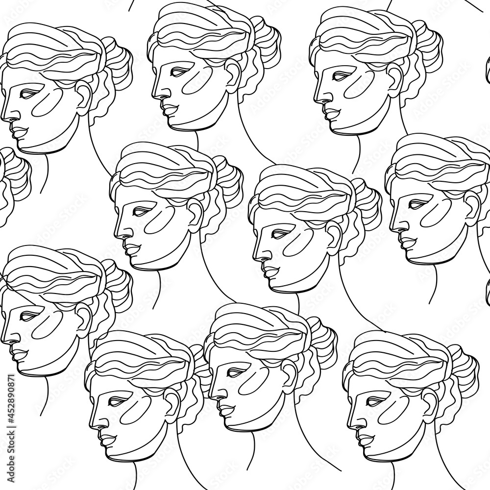 Ancient Greek goddess statue in a continuous line. Vector illustration. Modern drawing. Roman style elements seamless pattern on a white background Ancient Greek goddess statue in a continuous line. Vector illustration. Modern drawing. Roman style elements seamless pattern on a white background