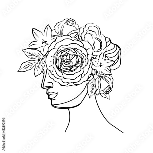 Ancient Greek goddess statue in a continuous line and flowers. Vector illustration. Roman style elements. Beauty concept
