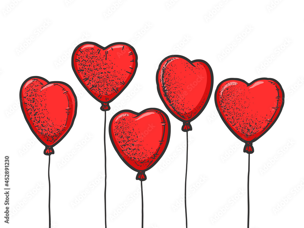 Heart shaped balloons line art sketch raster