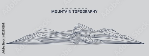 Mountain topography abstract background. 3d futuristic wireframe landscape in line art stile. Silhouette of structure of rock and hill. Contour elevation map template. Vector card illustration