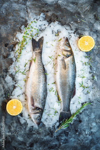 Fish with ice for cooking in a restaurant. Fresh raw sea bass fish with lemon slices on a gray background, top view