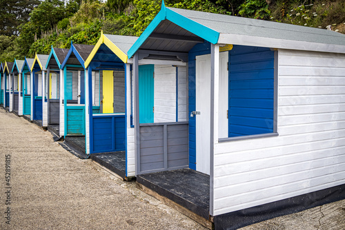 Beach huts on Falmouth beach, Cornwall, England photo