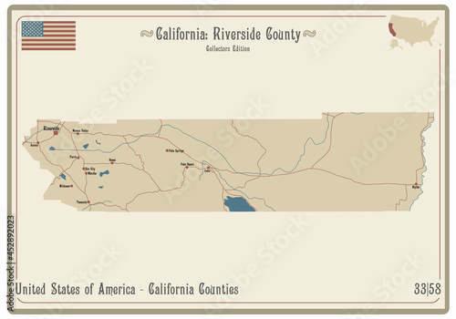 Map on an old playing card of Riverside county in California, USA.