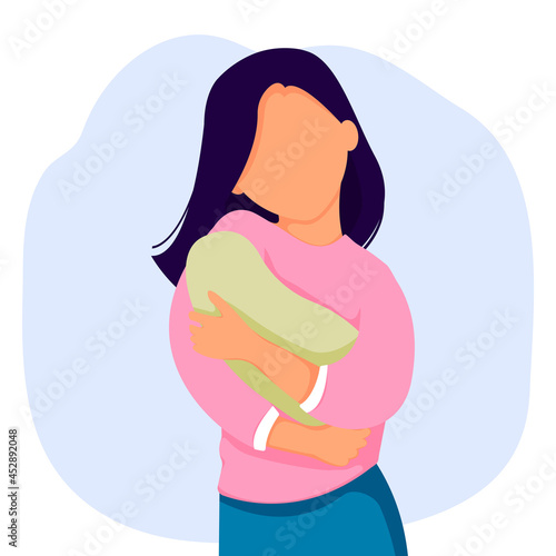 Woman holding  newborn baby in her arms against background of plants. Vector illustration of cute character.