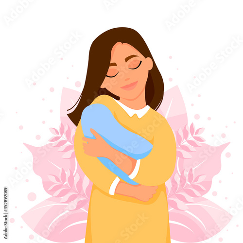 Woman holding  newborn baby in her arms against background of plants. Vector illustration of cute character.