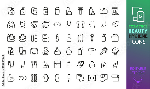 Cosmetics, beauty and personal hygiene isolated icons set. Set of decorative cosmetics, oral, body, skin  and face care vector icons