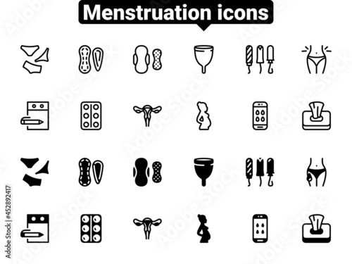 Set of black vector icons, isolated against white background. Flat illustration on a theme Menstruation