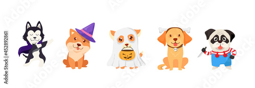 Halloween Puppies cartoon. Set of spooky dog or puppy and pumpkin design. Cute animal vector illustration