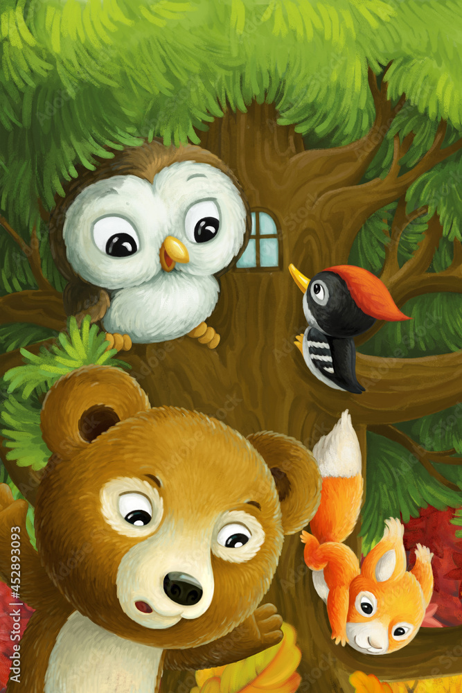 cartoon animals owl woodpeckers bear and squirrels