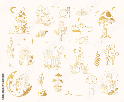 Big mystical collection with golden magic mushrooms, floral elements. Celestial fungi set. Gold witchy tattoo and occult prints with moon and stars.