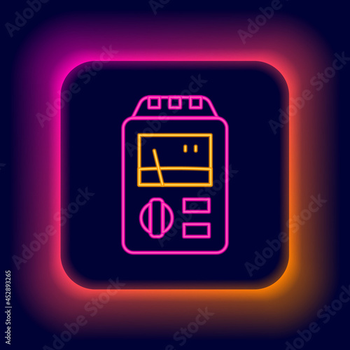 Glowing neon line Dosimeter for measuring radiation icon isolated on black background. Gamma radiation personal dosimeter. Colorful outline concept. Vector