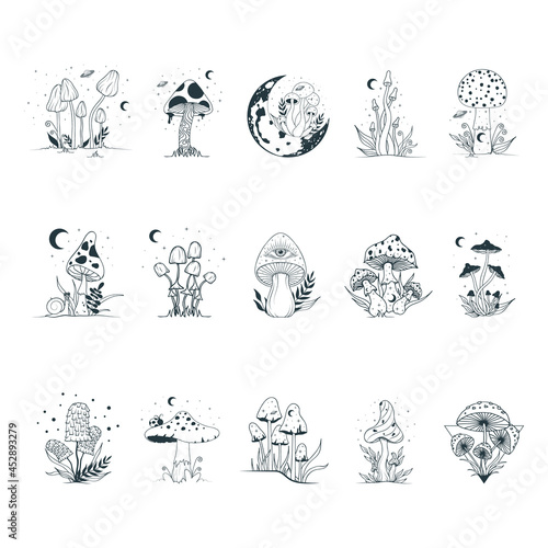 Big mystical set with magic mushrooms. Celestial fungi collection. Witchy tattoo and occult clipart.