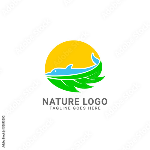 leaf, fish and sun natural vector logo design for nature care or ecotourism travel agency