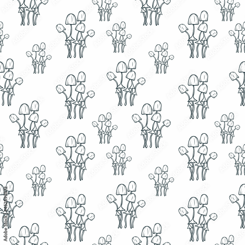 Psychedelic Mushroom seamless pattern. Hand drawn texture with fungi. Psychedelic Mushroom seamless pattern. Hand drawn texture with fungi.