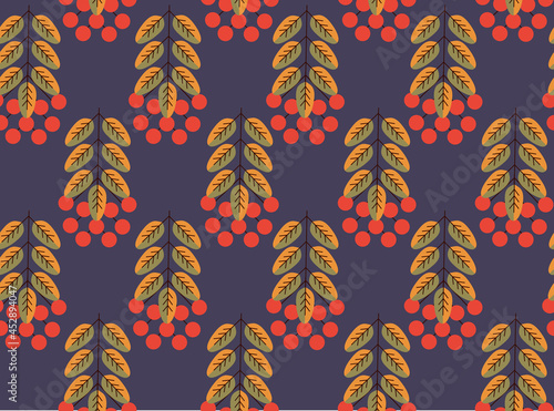 Autumn background, fall leaves, rowan berries. Seamless vector background for advertising, sales in orange and brown colors, on blue background.