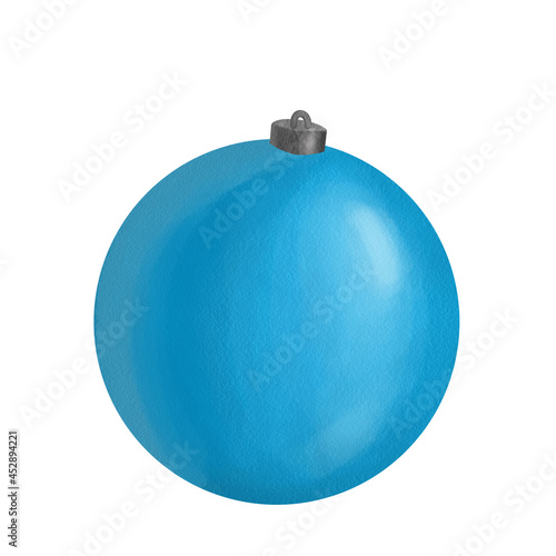 Blue christmas ball Digital watercolor illustration. Hand draw New year clipart. Xmas decoration. Holiday and celebration