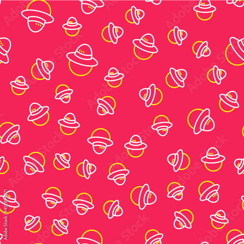 Line Camping hat icon isolated seamless pattern on red background. Beach hat panama. Explorer travelers hat for hunting, hiking, tourism. Vector