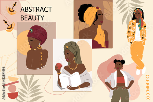 Collection of portraits of beautiful girls in abstract style. Fashion trend vector illustration. Social media avatar set