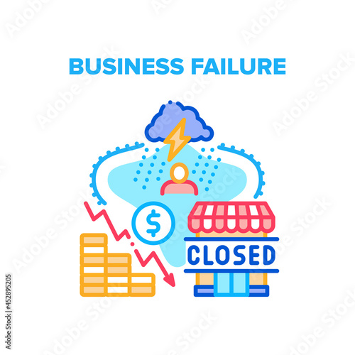 Business Failure Vector Icon Concept. Business Failure Company Problem, Falling Financial Income And Increasing Expense. Closed Store And Bankruptcy. Stressed Businessman Color Illustration