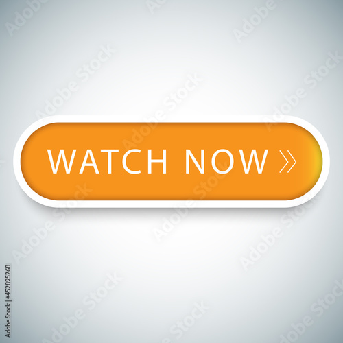 Watch now button vector isolated on gray background. Watch now button for web site, media player, banner and app. Creative business concept, vector illustration