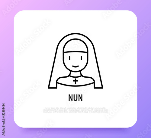 Cartoon nun thin line icon. Christianity, relligion. Modern vector illustration for avatar.