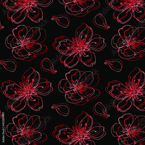 Seamless pattern with sakura flower. Pink and black floral backdrop. Cute leaves and bud. Vector illustration