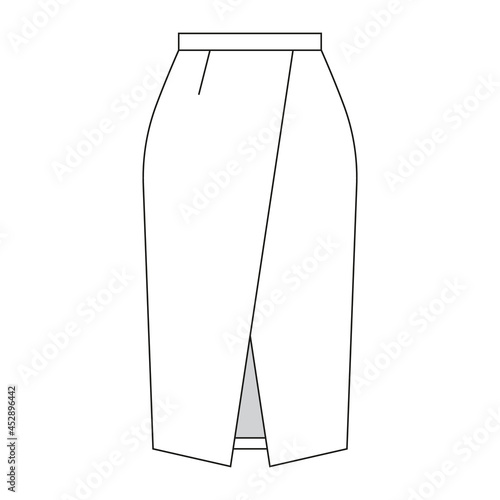 Professional fashion sketch of wrapping skirt. Isolated, vector outline of female apparel. Illustration template.